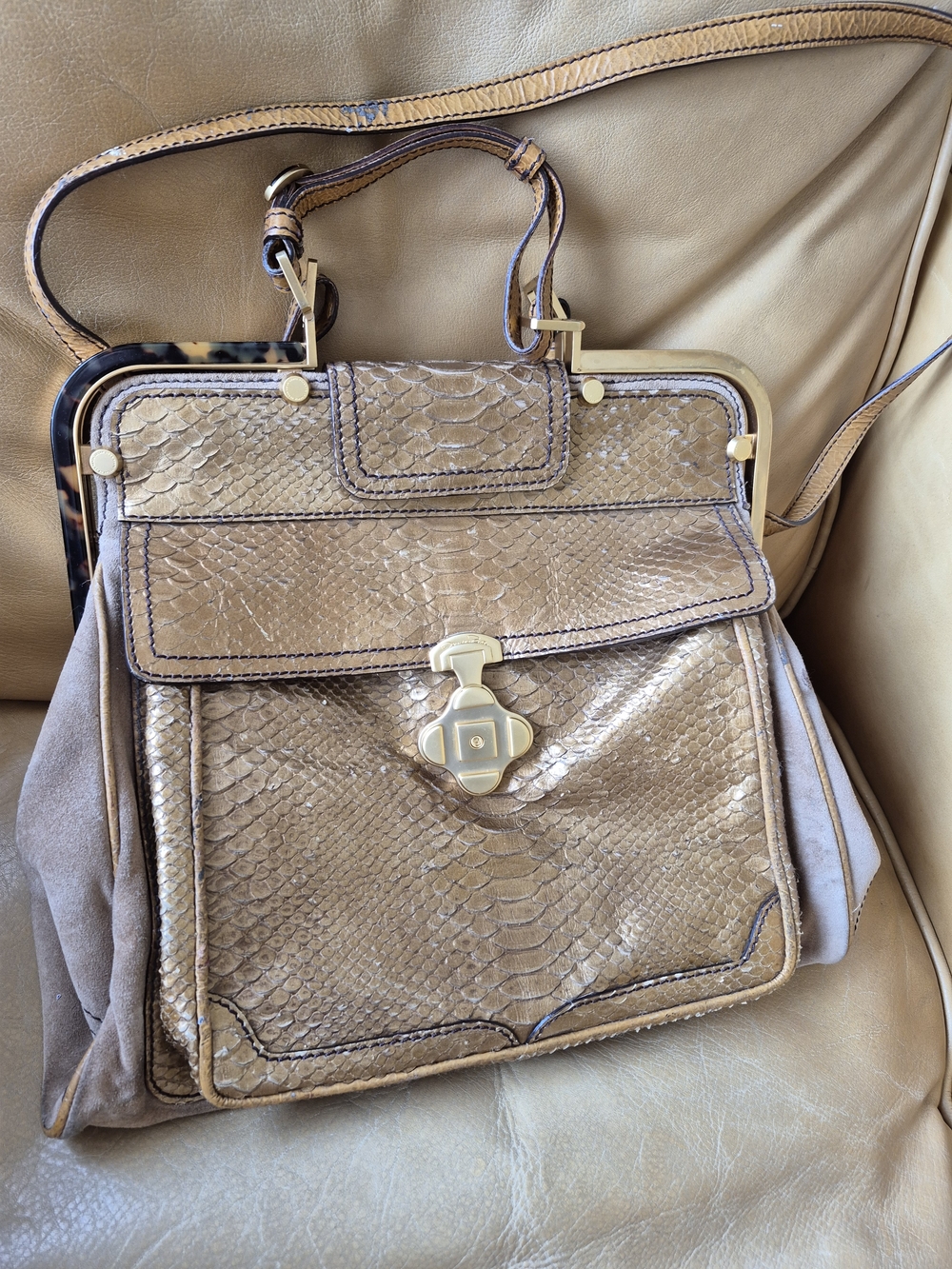 Oscar De La Renta Tan Snake-Embossed Shoulder Bag